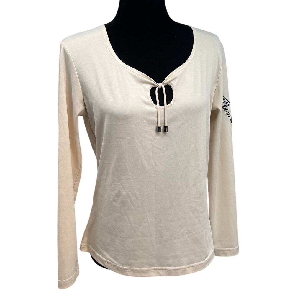 Harley Davidson Winter White Long sleeve Keyhole tie front Blouse M